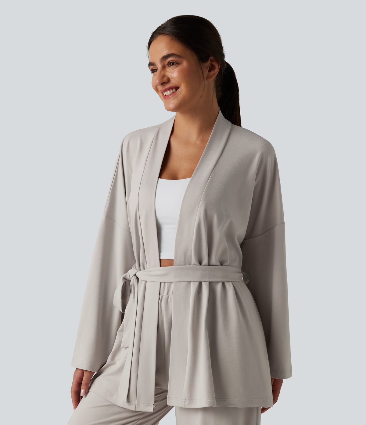 Open Front Long Sleeve Belted Lounge Top — Wind Chime — view 4