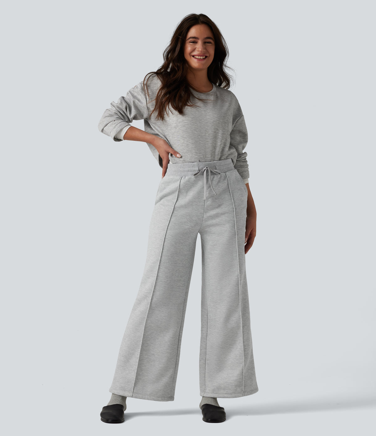 High Waisted Drawstring Straight Leg Lounge Thermal Trousers with Pockets — Antarctica — view 6