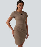 Short Sleeve Bodycon Tulip Hem Mini Casual Dress — Chocolate Malt — view 4