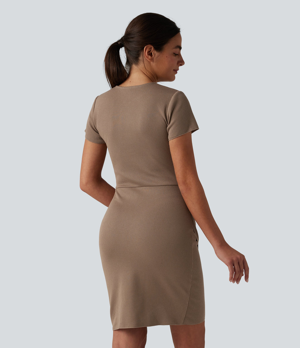 Short Sleeve Bodycon Tulip Hem Mini Casual Dress — Chocolate Malt — view 2