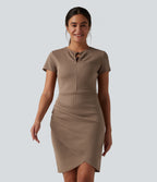 Short Sleeve Bodycon Tulip Hem Mini Casual Dress — Chocolate Malt — view 1