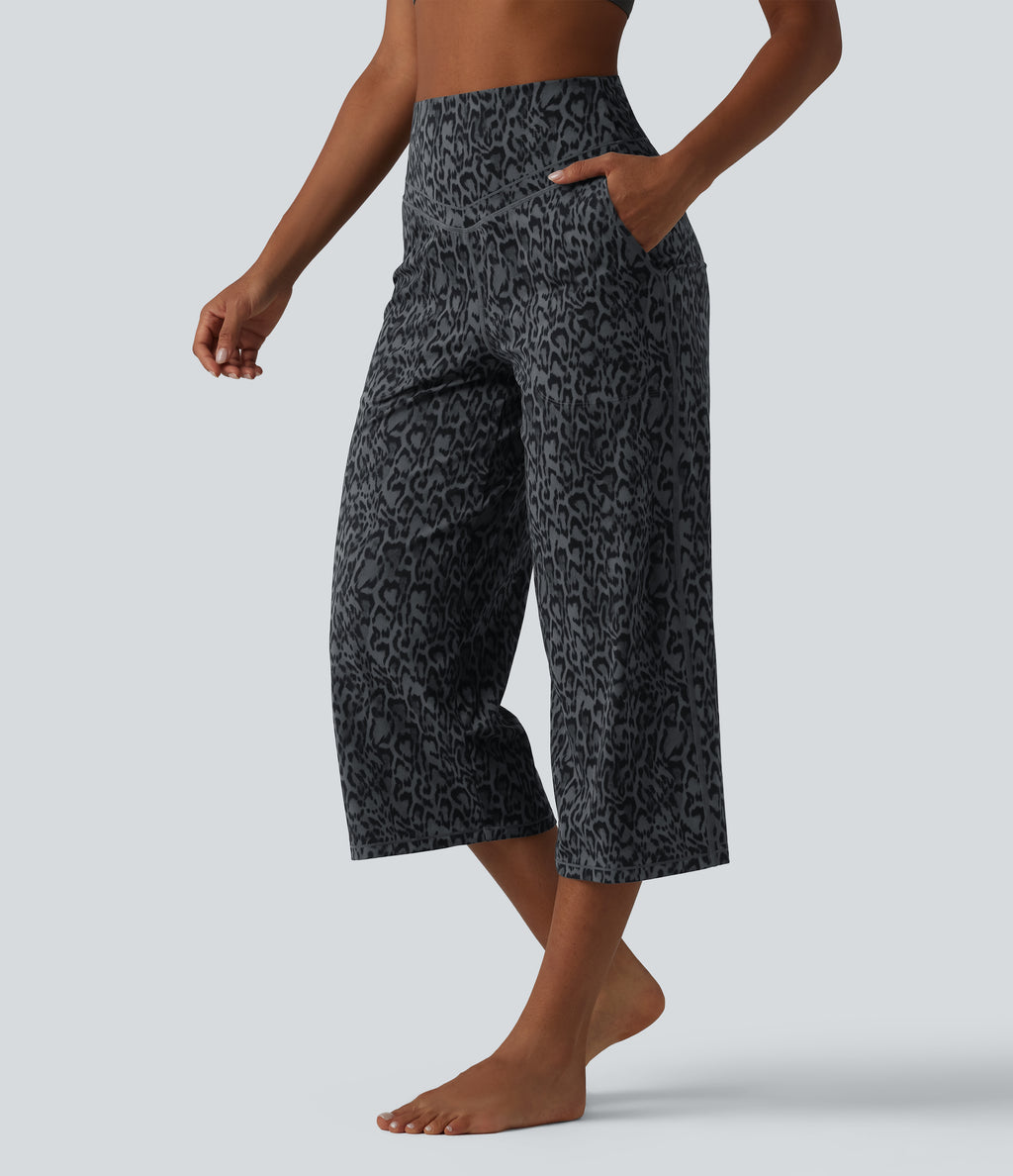 Leopard Print High Waisted Tummy Control Straight Leg Cropped Yoga Trousers with Pockets — Shadow Leopard — view 3