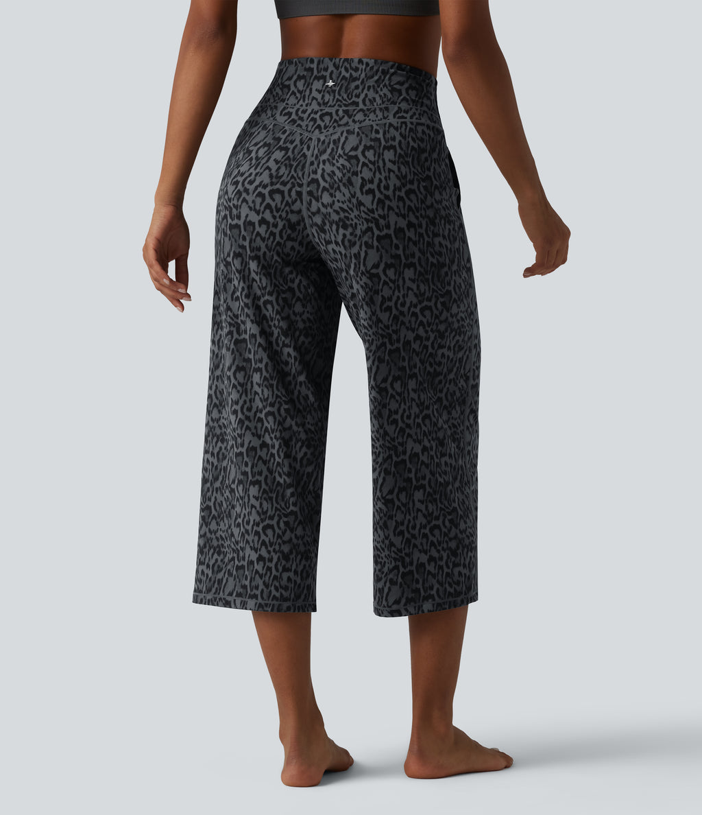 Leopard Print High Waisted Tummy Control Straight Leg Cropped Yoga Trousers with Pockets — Shadow Leopard — view 2
