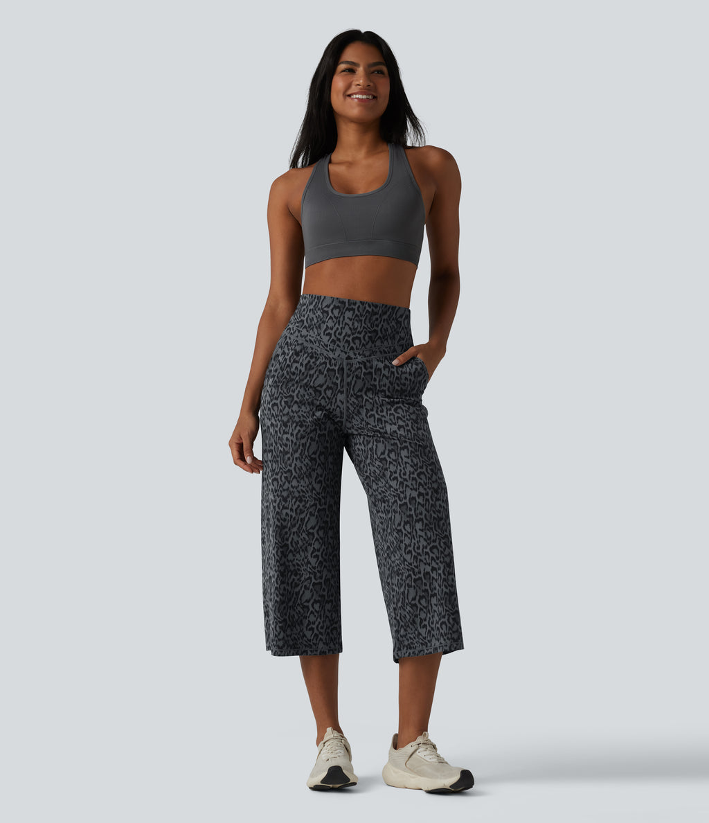 Leopard Print High Waisted Tummy Control Straight Leg Cropped Yoga Trousers with Pockets — Shadow Leopard — view 7
