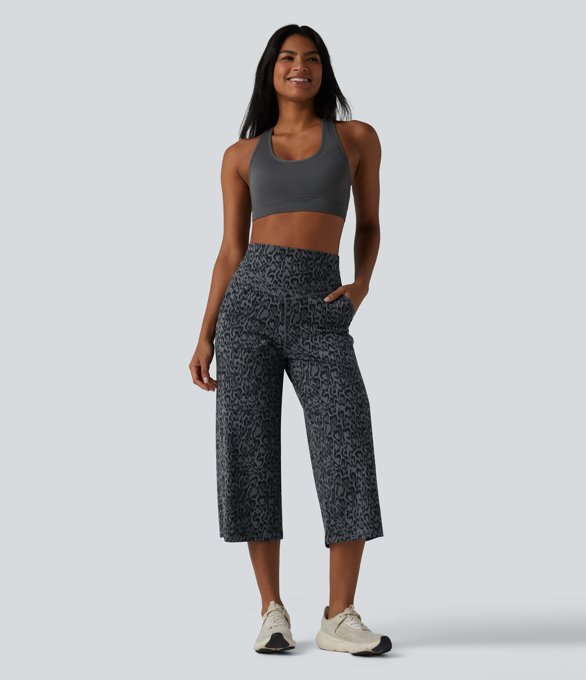 Leopard Print High Waisted Tummy Control Straight Leg Cropped Yoga Trousers with Pockets — Shadow Leopard — view 7