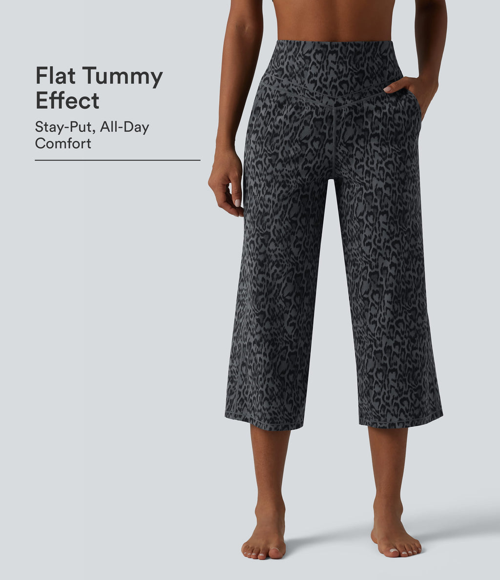 Leopard Print High Waisted Tummy Control Straight Leg Cropped Yoga Trousers with Pockets — Shadow Leopard — view 1