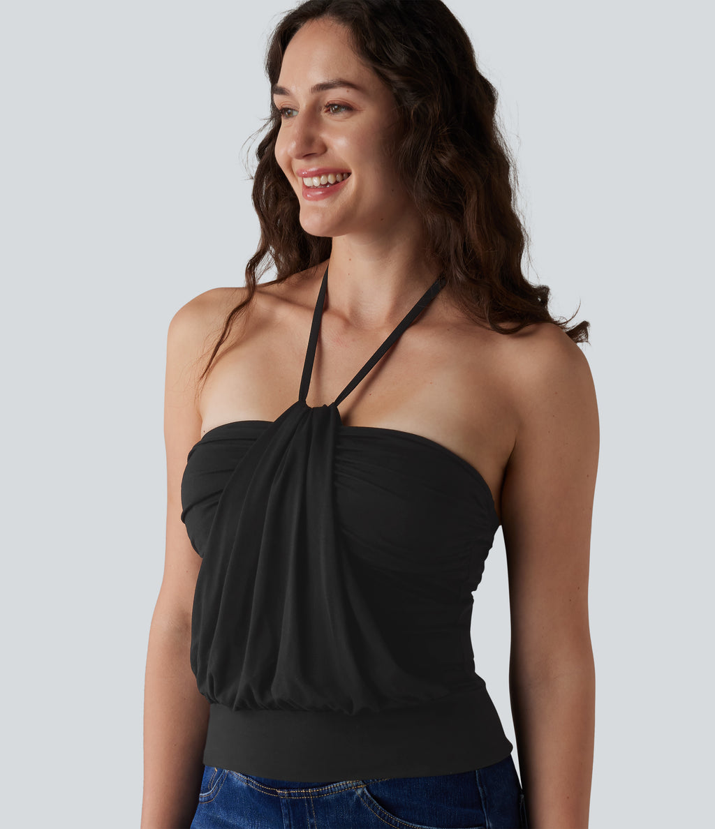 Halter Tie Back Built-in Bra Casual Tank Top — Black — view 6