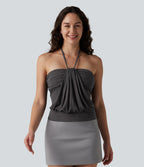 Halter Tie Back Built-in Bra Casual Tank Top — Darl Gray Floral Yarn — view 3