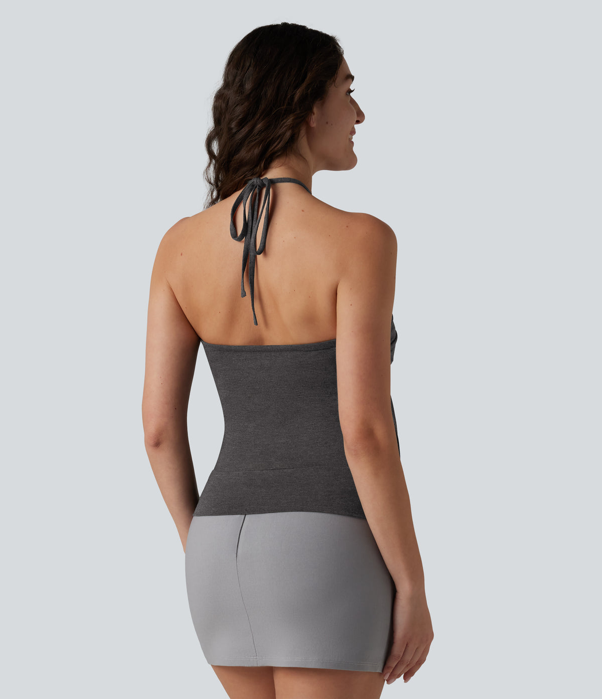 Halter Tie Back Built-in Bra Casual Tank Top — Darl Gray Floral Yarn — view 2