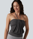 Halter Tie Back Built-in Bra Casual Tank Top — Darl Gray Floral Yarn — view 1