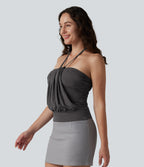 Halter Tie Back Built-in Bra Casual Tank Top — Darl Gray Floral Yarn — view 4