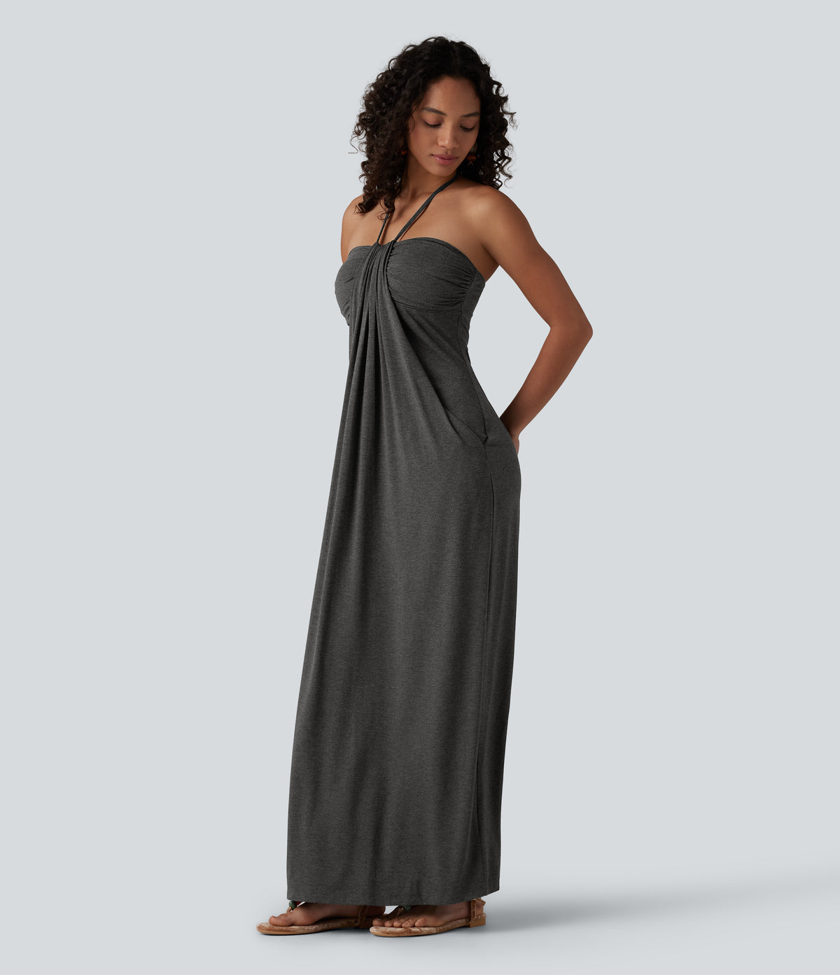 Halter Tie Back Built-in Bra Maxi Dress with Pockets — Darl Gray Floral Yarn — view 2