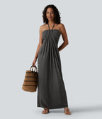 Halter Tie Back Built-in Bra Maxi Dress with Pockets — Darl Gray Floral Yarn — view 8