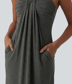 Halter Tie Back Built-in Bra Maxi Dress with Pockets — Darl Gray Floral Yarn — view 7