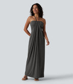 Halter Tie Back Built-in Bra Maxi Dress with Pockets — Darl Gray Floral Yarn — view 4