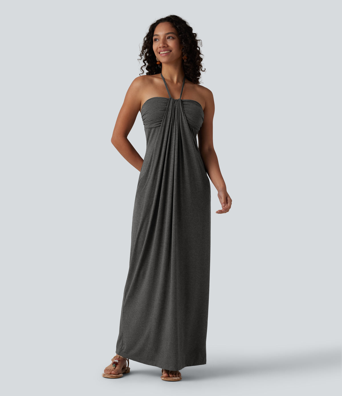 Halter Tie Back Built-in Bra Maxi Dress with Pockets — Darl Gray Floral Yarn — view 4