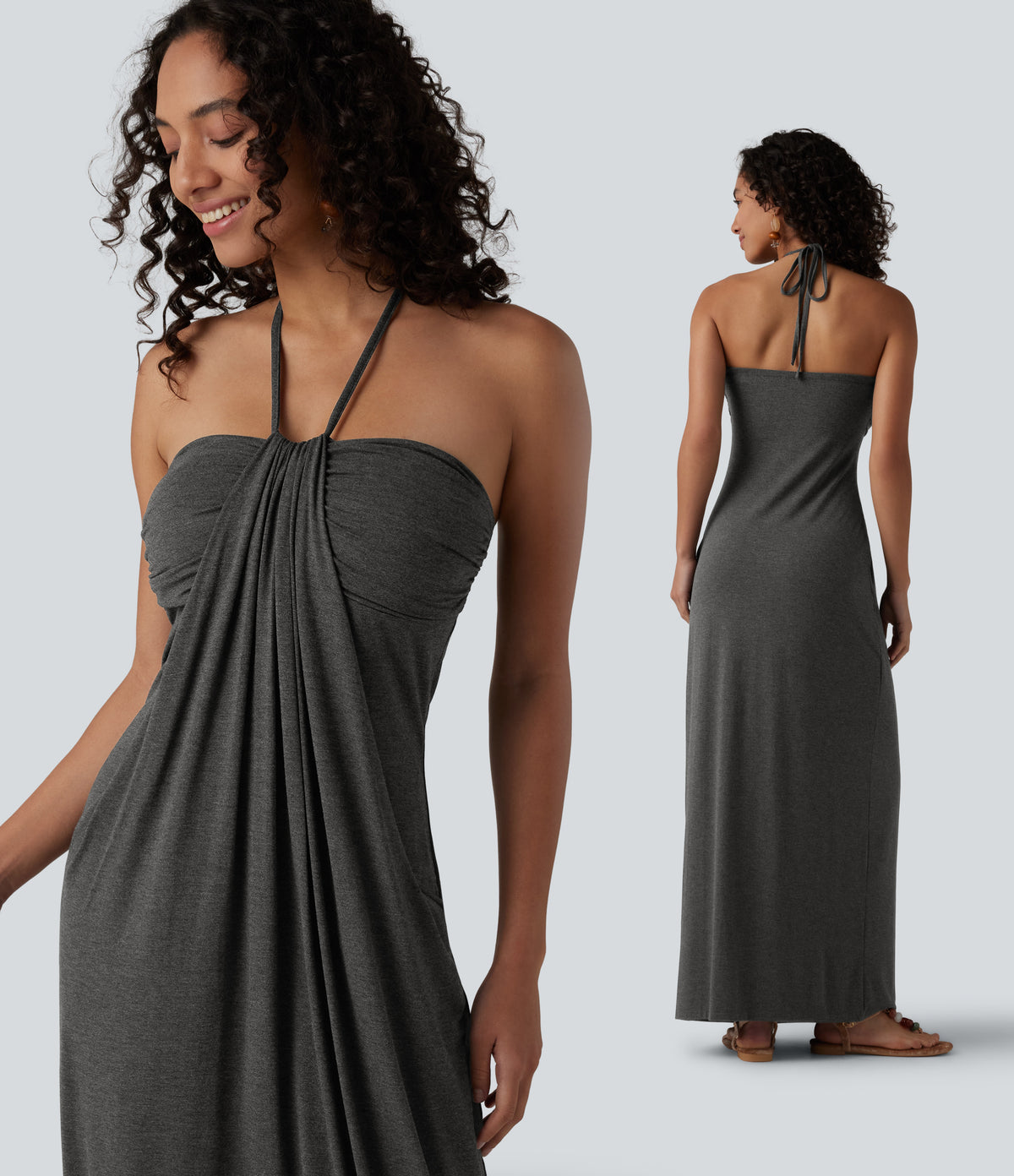 Halter Tie Back Built-in Bra Maxi Dress with Pockets — Darl Gray Floral Yarn — view 1