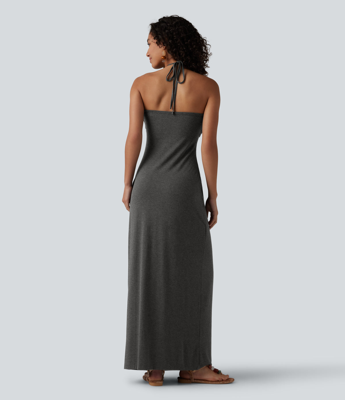 Halter Tie Back Built-in Bra Maxi Dress with Pockets — Darl Gray Floral Yarn — view 3