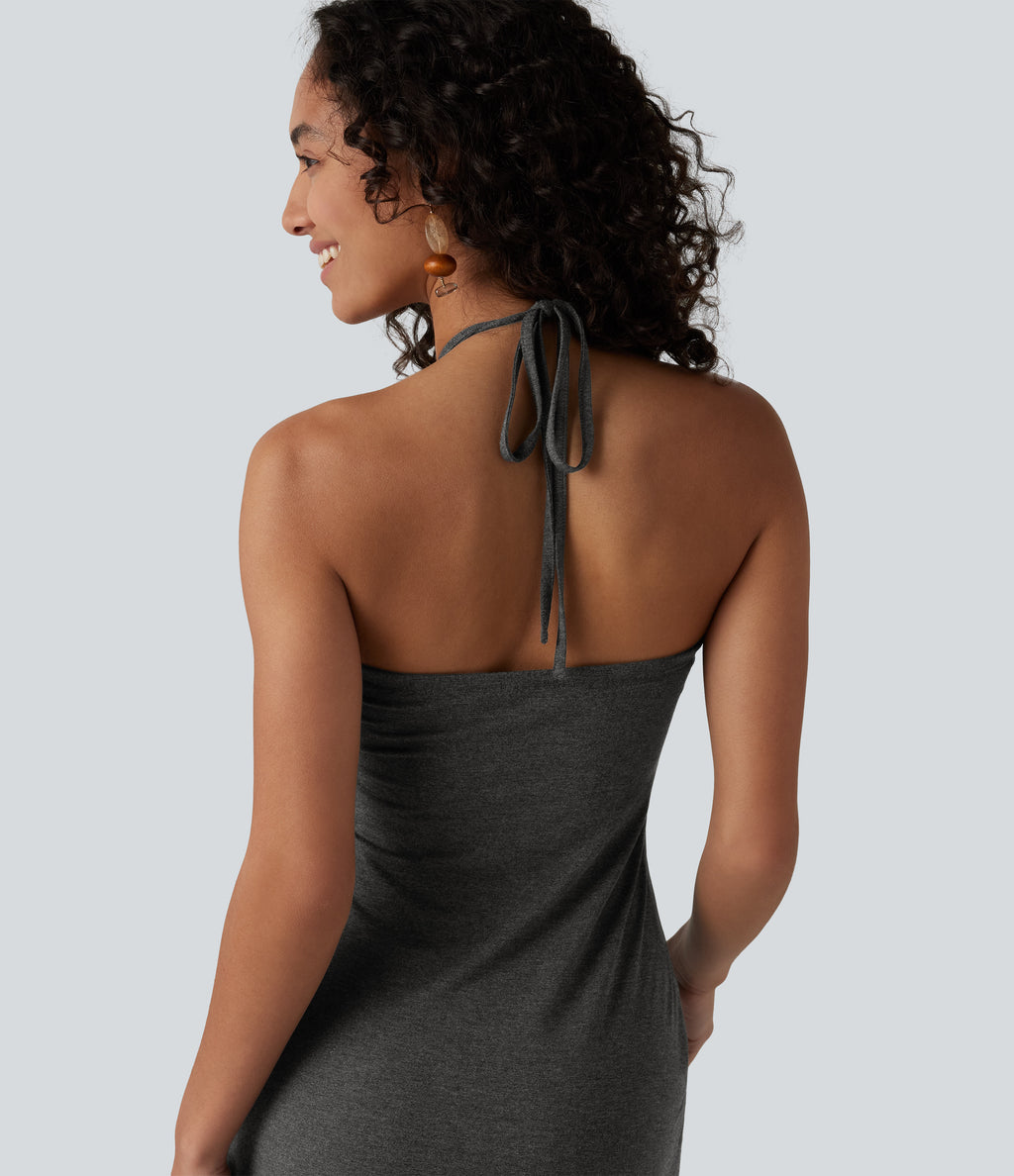 Halter Tie Back Built-in Bra Maxi Dress with Pockets — Darl Gray Floral Yarn — view 6