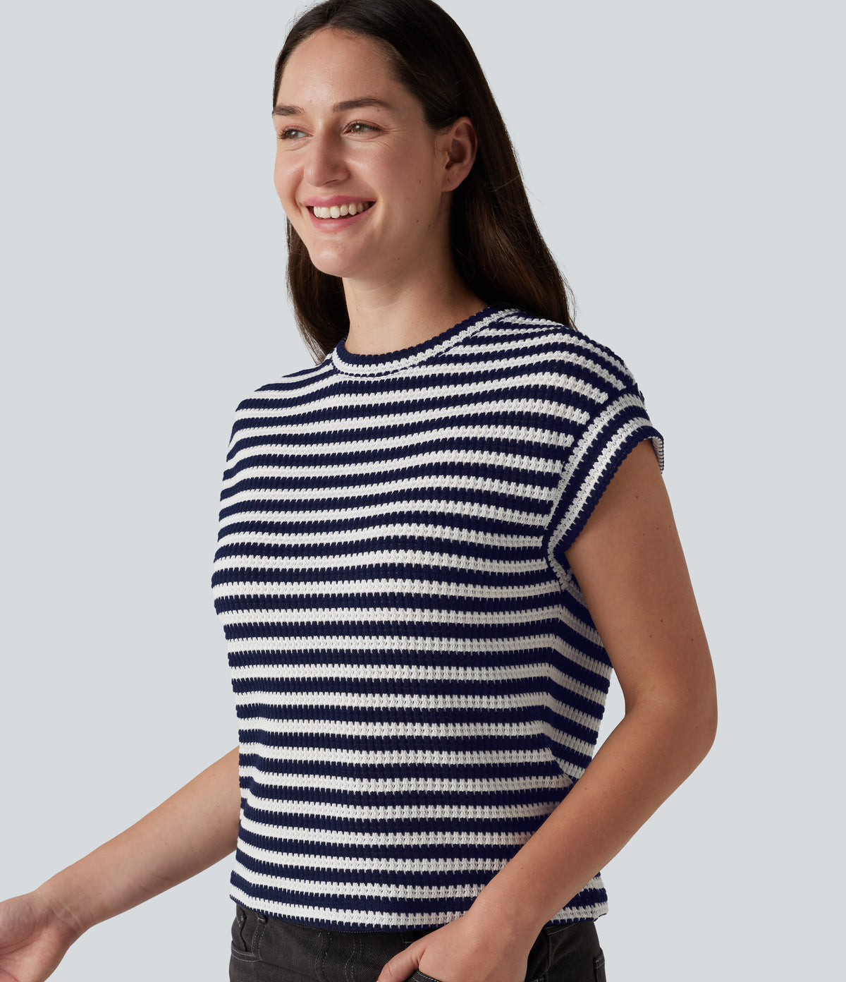 Round Neck Cap Sleeve Stripe Knitted Casual T-Shirt — Midnight Tide Stripe — view 6