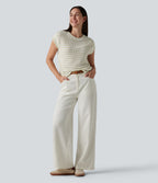 Round Neck Cap Sleeve Stripe Knitted Casual T-Shirt — Soft Sand Stripe — view 5