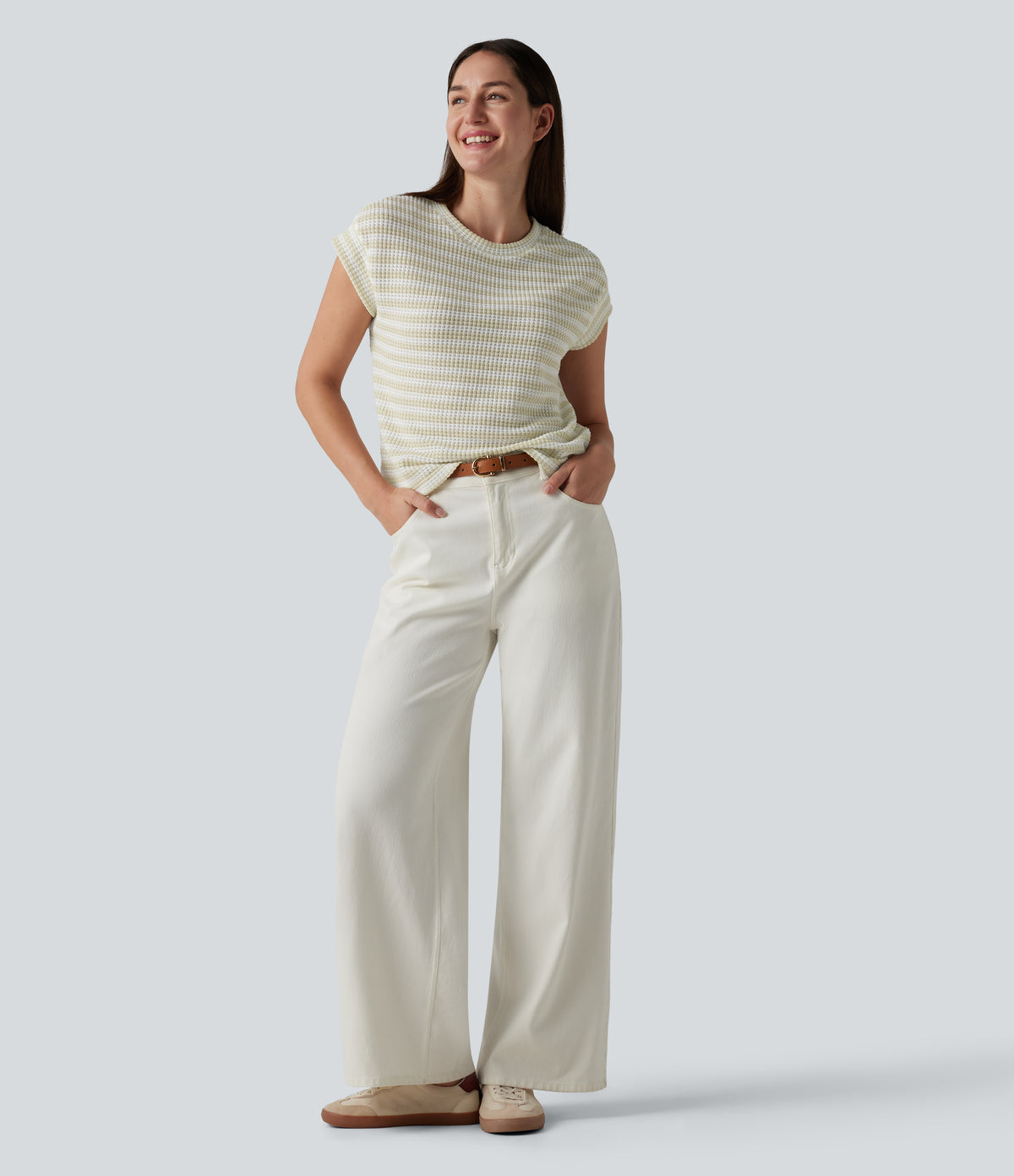 Round Neck Cap Sleeve Stripe Knitted Casual T-Shirt — Soft Sand Stripe — view 5