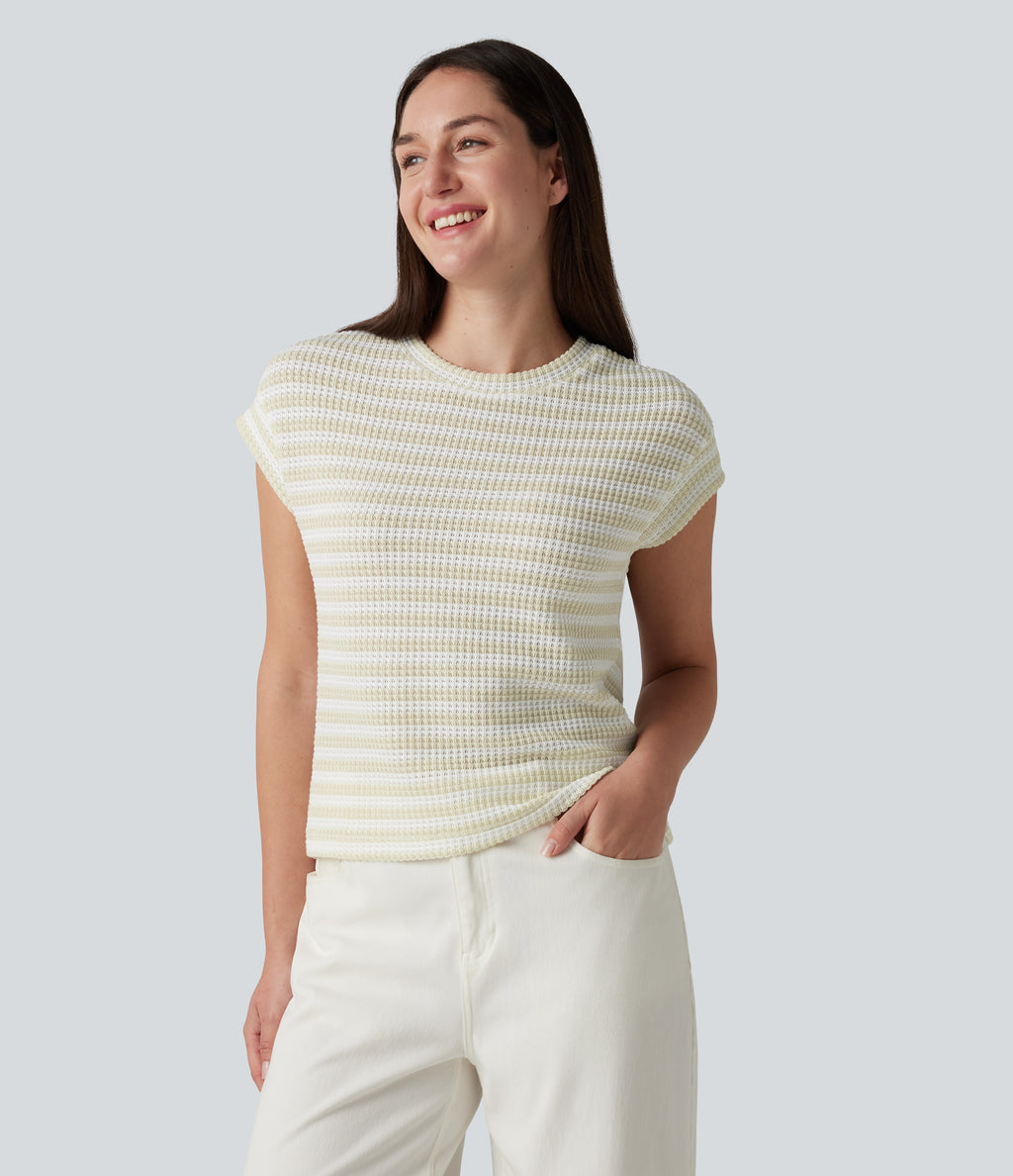 Round Neck Cap Sleeve Stripe Knitted Casual T-Shirt — Soft Sand Stripe — view 3