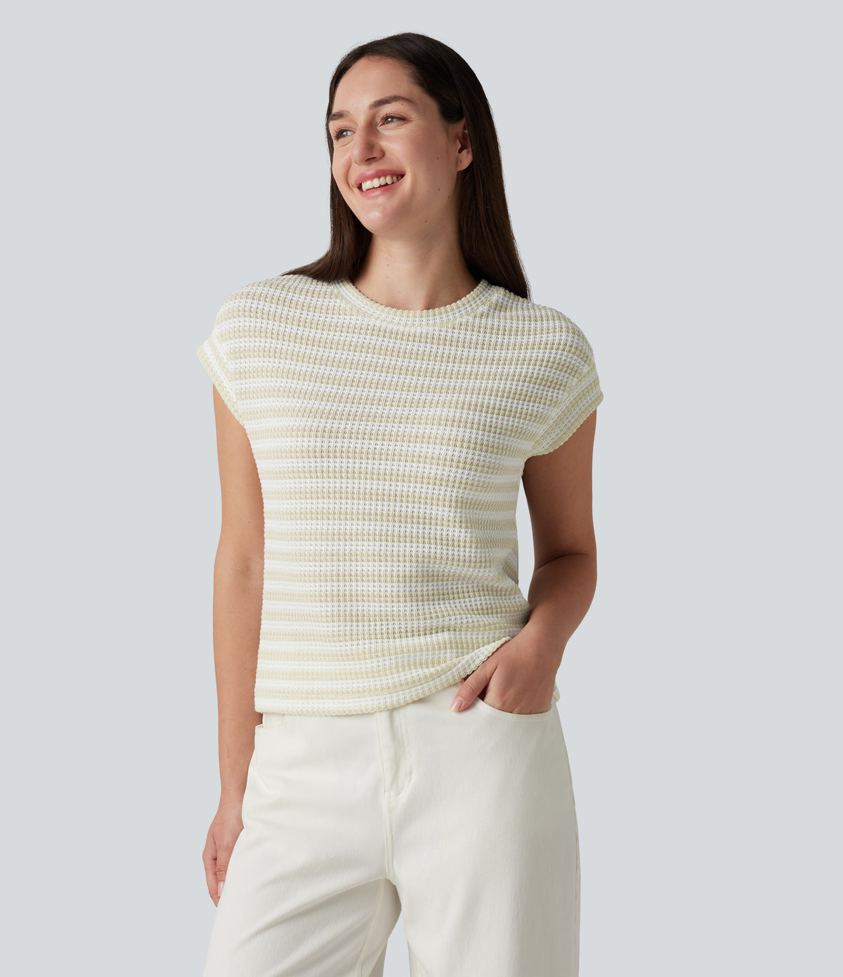 Round Neck Cap Sleeve Stripe Knitted Casual T-Shirt — Soft Sand Stripe — view 3