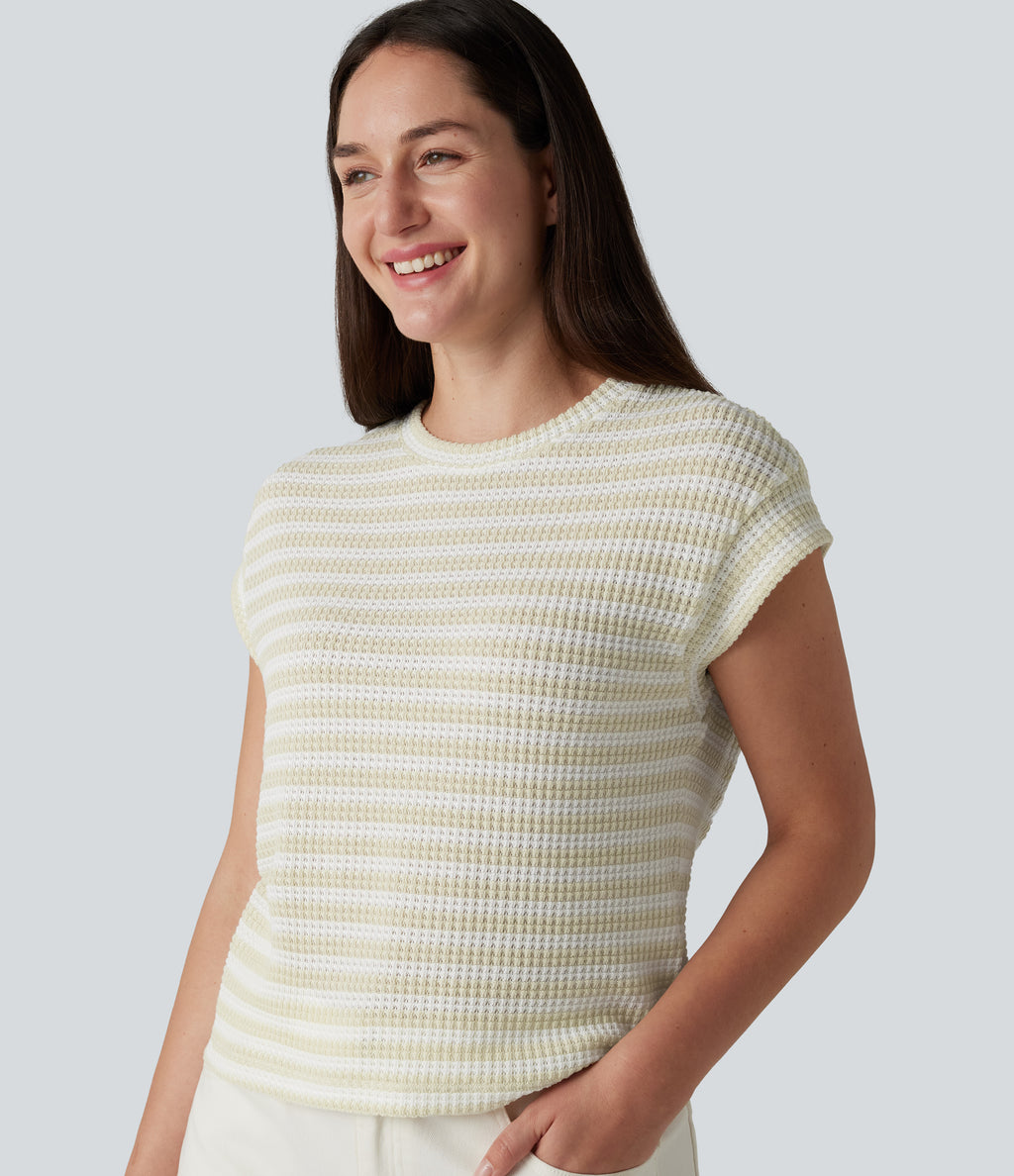 Round Neck Cap Sleeve Stripe Knitted Casual T-Shirt — Soft Sand Stripe — view 1