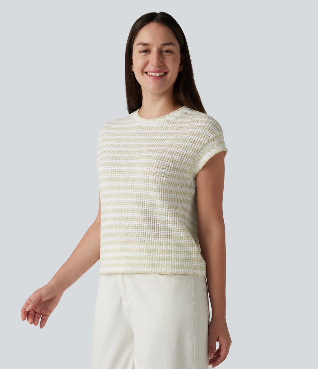 Round Neck Cap Sleeve Stripe Knitted Casual T-Shirt — Soft Sand Stripe — view 4