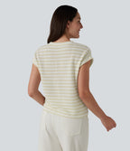 Round Neck Cap Sleeve Stripe Knitted Casual T-Shirt — Soft Sand Stripe — view 2