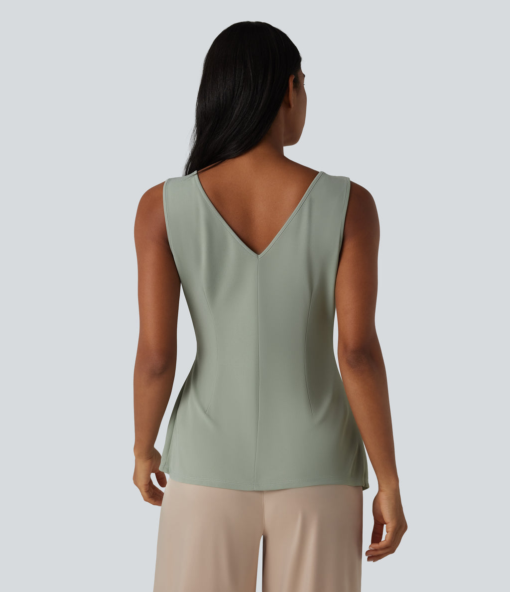 V-neck Sleeveless Asymmetric Hem Casual Shirt — Desert Sage — view 2