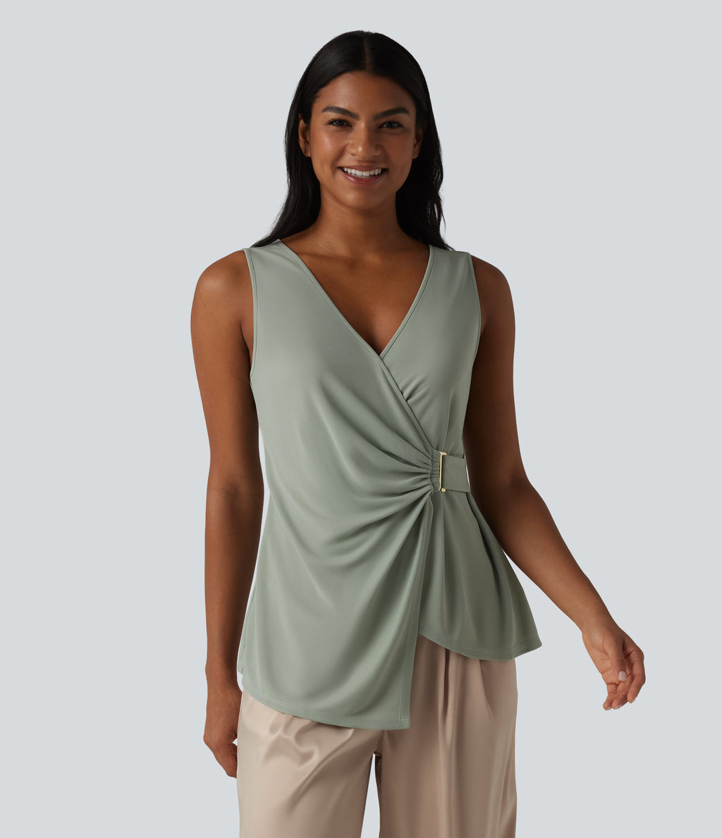 V-neck Sleeveless Asymmetric Hem Casual Shirt — Desert Sage — view 4