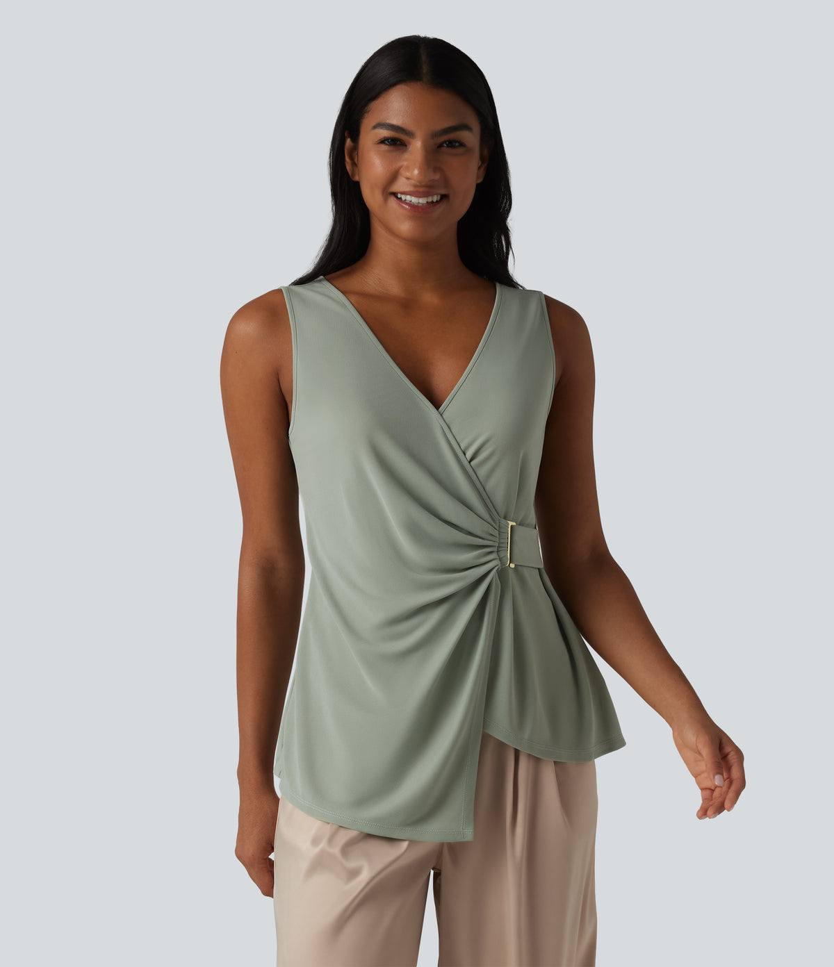 V-neck Sleeveless Asymmetric Hem Casual Shirt — Desert Sage — view 4