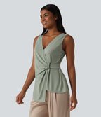 V-neck Sleeveless Asymmetric Hem Casual Shirt — Desert Sage — view 3