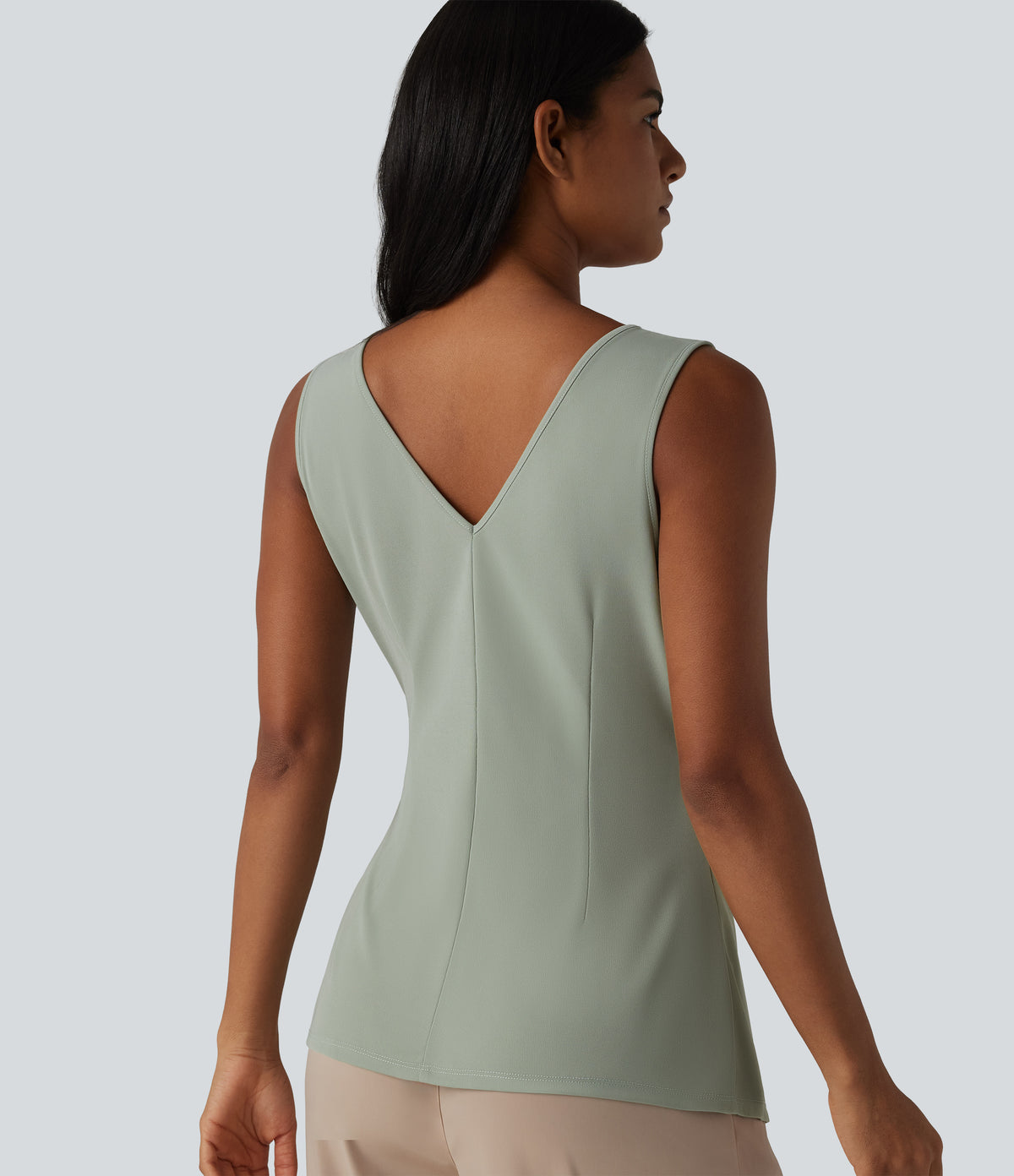 V-neck Sleeveless Asymmetric Hem Casual Shirt — Desert Sage — view 5