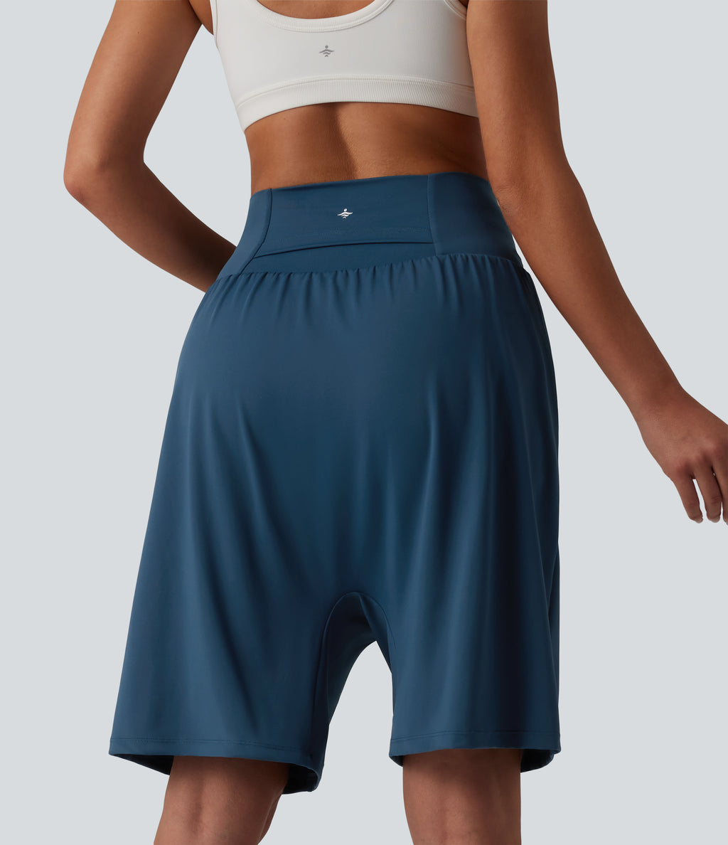 Airy High Waisted 2-in-1 InstantCool Yoga Harem Shorts with Pocket — Majolica Blue — view 2