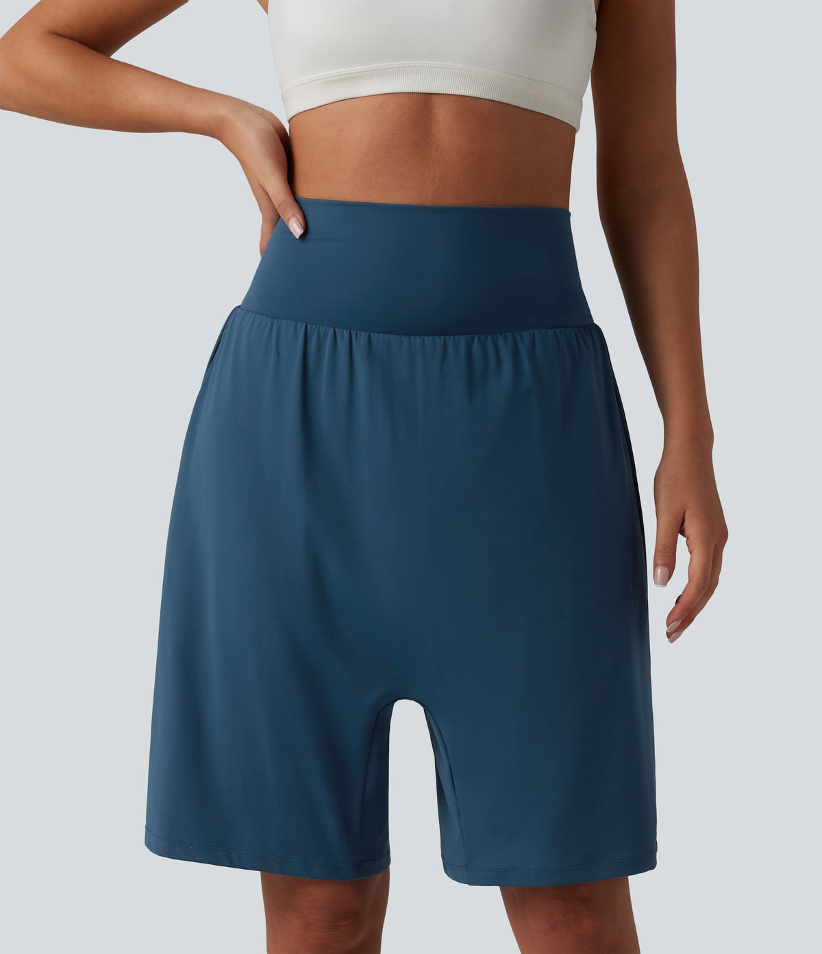 Airy High Waisted 2-in-1 InstantCool Yoga Harem Shorts with Pocket — Majolica Blue — view 3