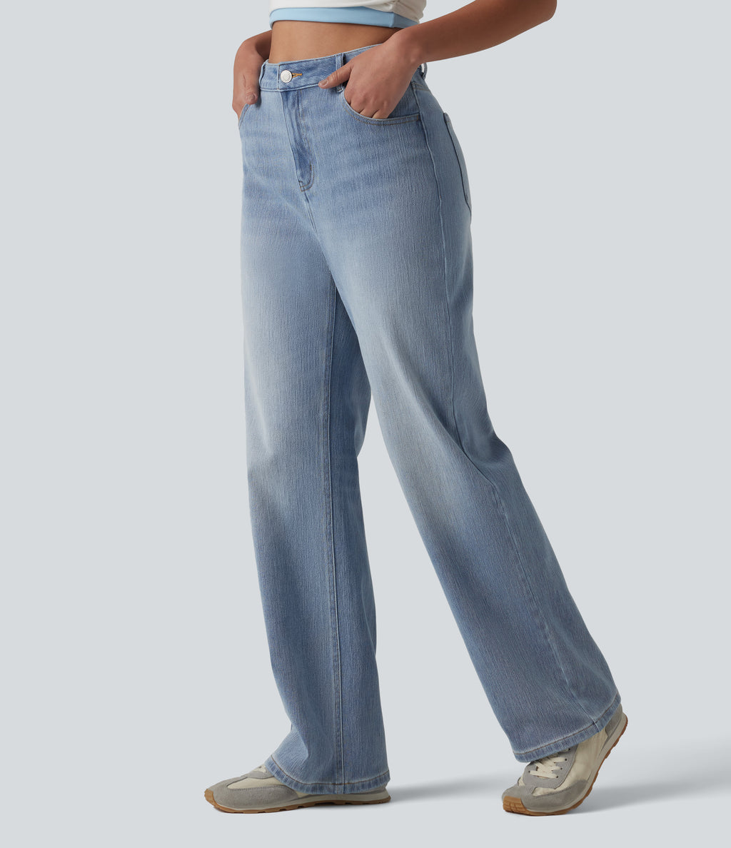 High Waisted Straight Leg Casual Jeans with Pockets — Iceberg Blue — view 3