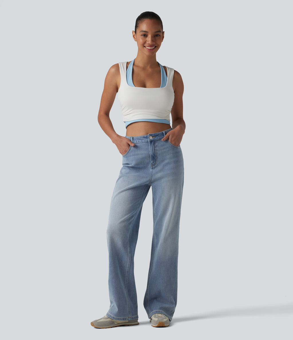 High Waisted Straight Leg Casual Jeans with Pockets — Iceberg Blue — view 6