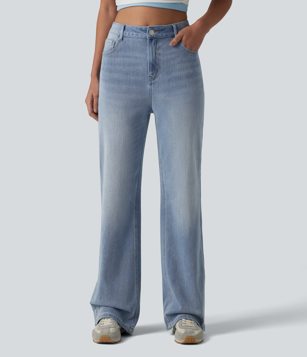 High Waisted Straight Leg Casual Jeans with Pockets — Iceberg Blue — view 1
