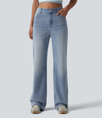 High Waisted Straight Leg Casual Jeans with Pockets — Iceberg Blue — view 1