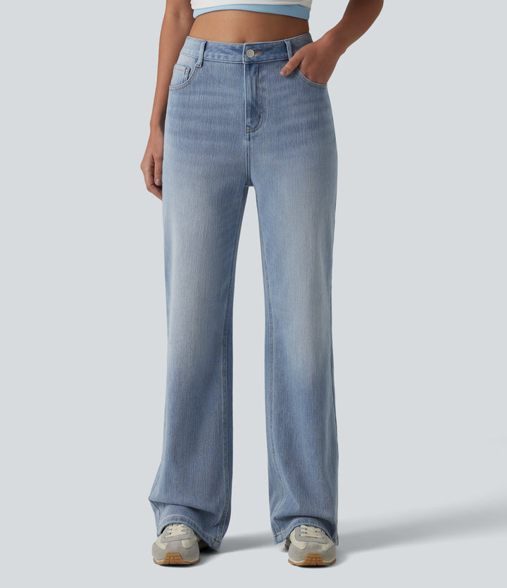 High Waisted Straight Leg Casual Jeans with Pockets — Iceberg Blue — view 1