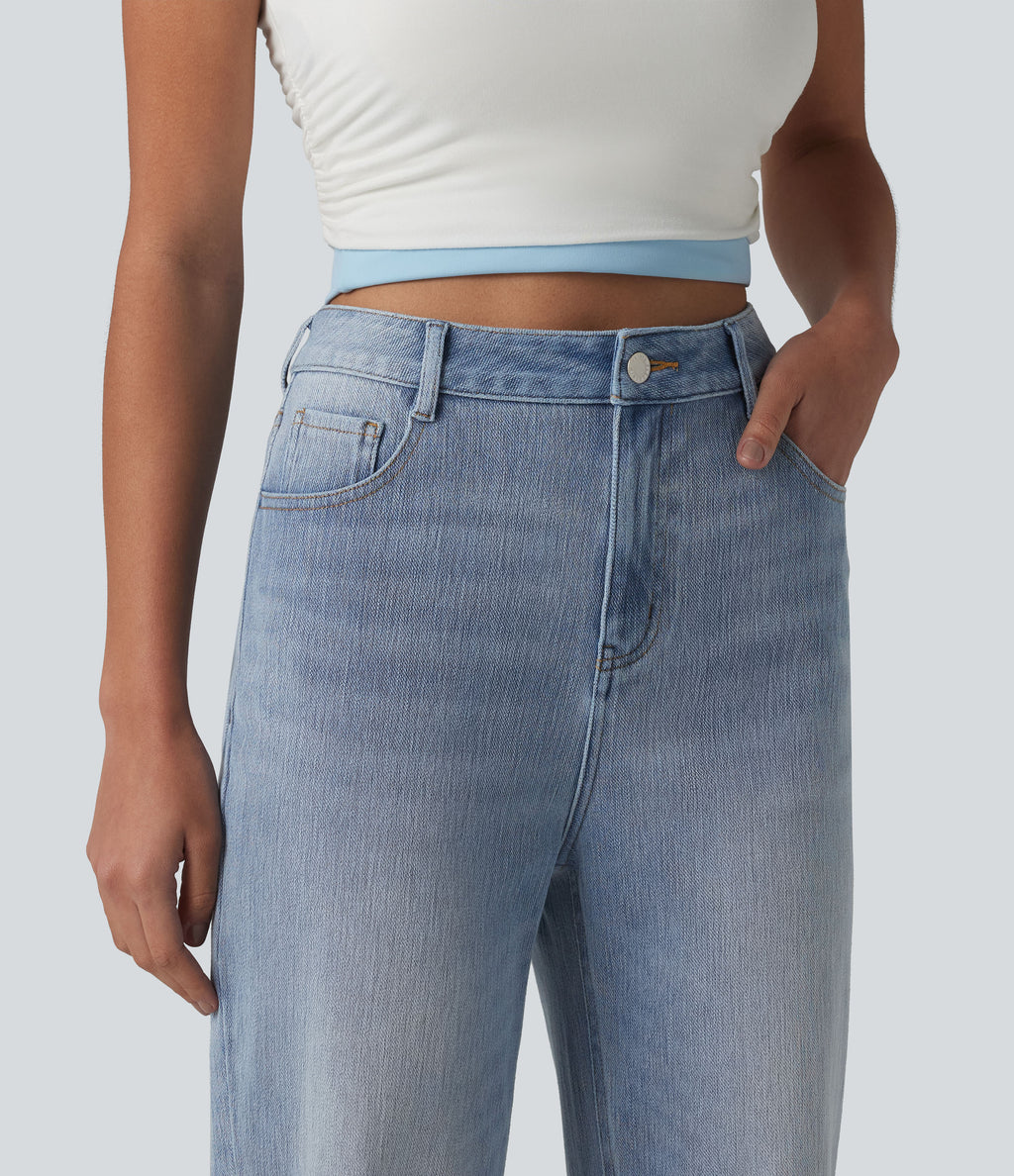 High Waisted Straight Leg Casual Jeans with Pockets — Iceberg Blue — view 4