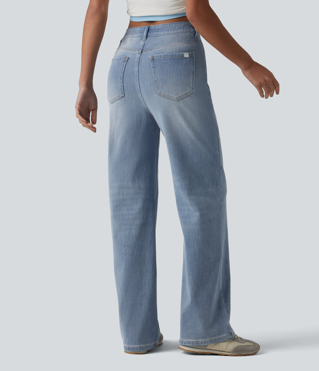 High Waisted Straight Leg Casual Jeans with Pockets — Iceberg Blue — view 2