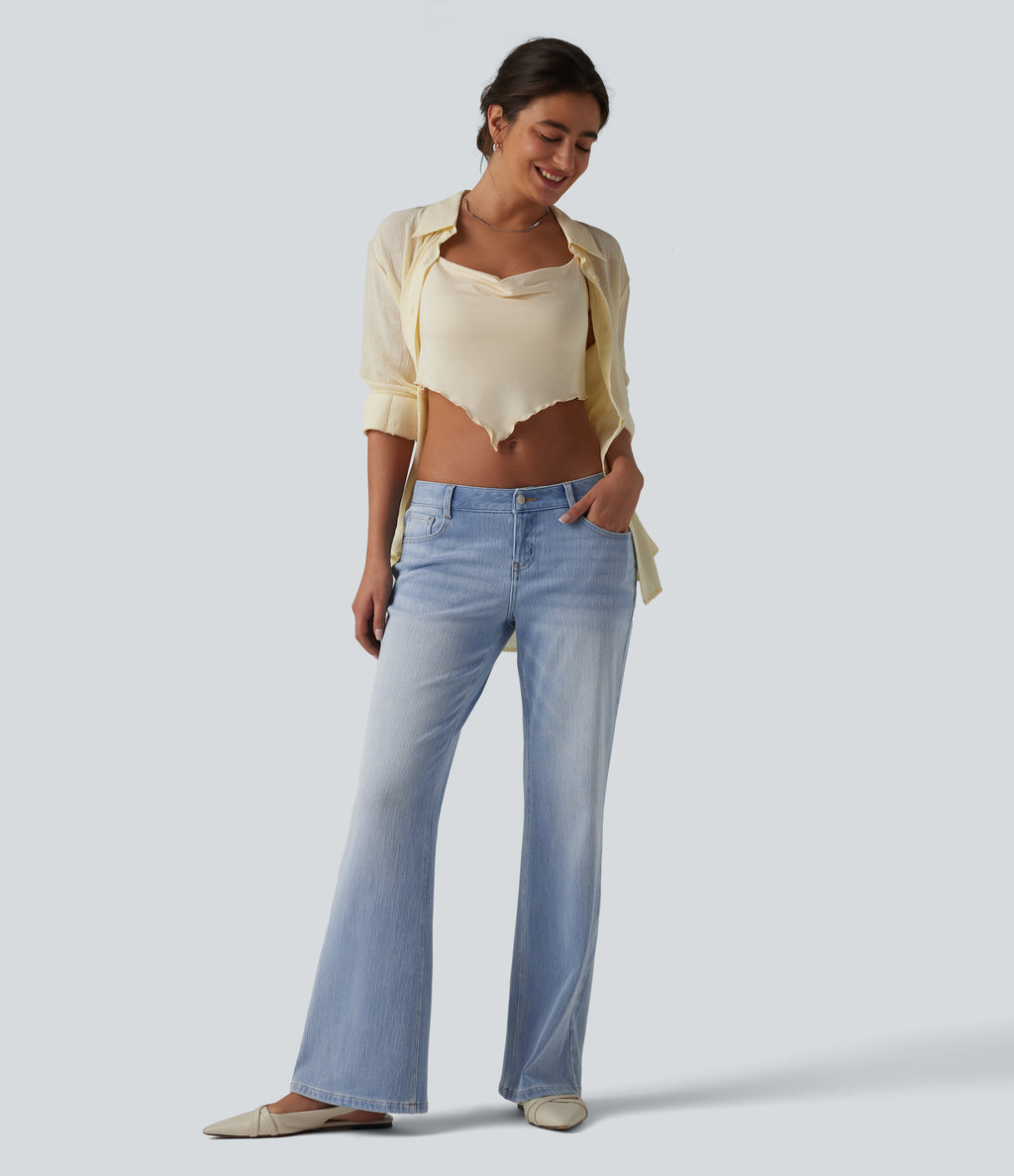 Low Rise Straight Leg Casual Jeans with Pockets — Baltic Sea Blue Denim — view 6