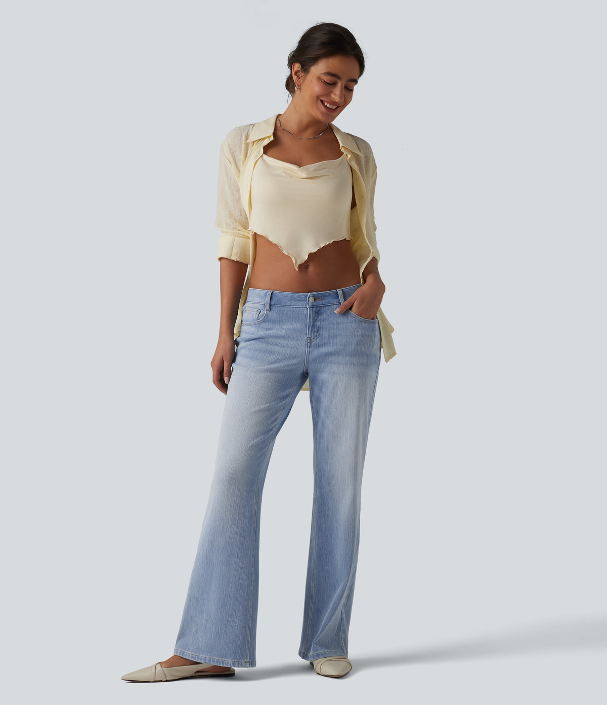 Low Rise Straight Leg Casual Jeans with Pockets — Baltic Sea Blue Denim — view 6