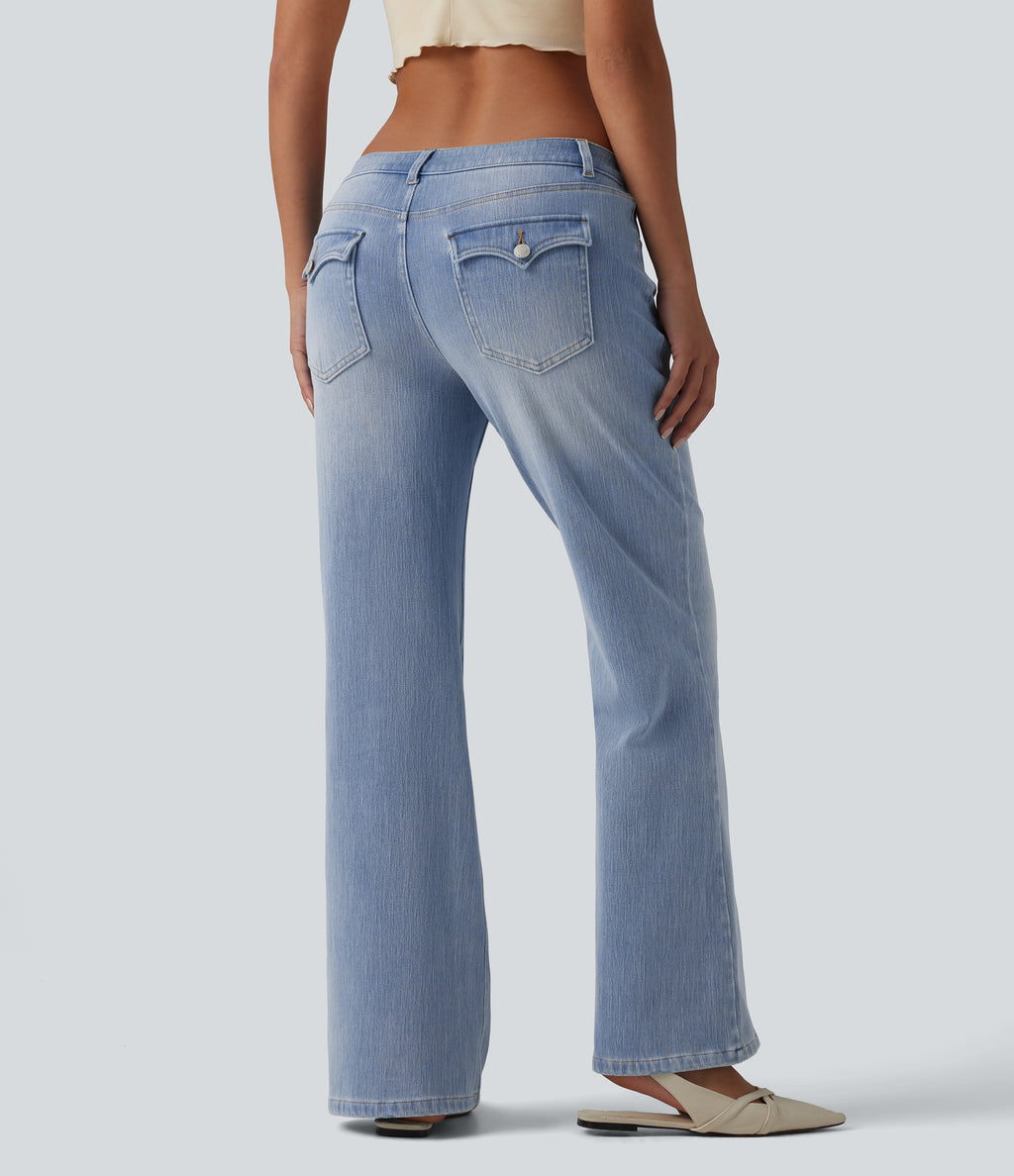 Low Rise Straight Leg Casual Jeans with Pockets — Baltic Sea Blue Denim — view 2