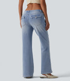 Low Rise Straight Leg Casual Jeans with Pockets — Baltic Sea Blue Denim — view 2