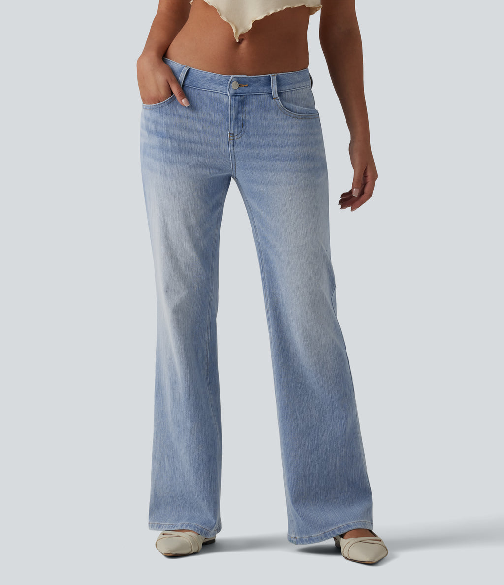 Low Rise Straight Leg Casual Jeans with Pockets — Baltic Sea Blue Denim — view 1